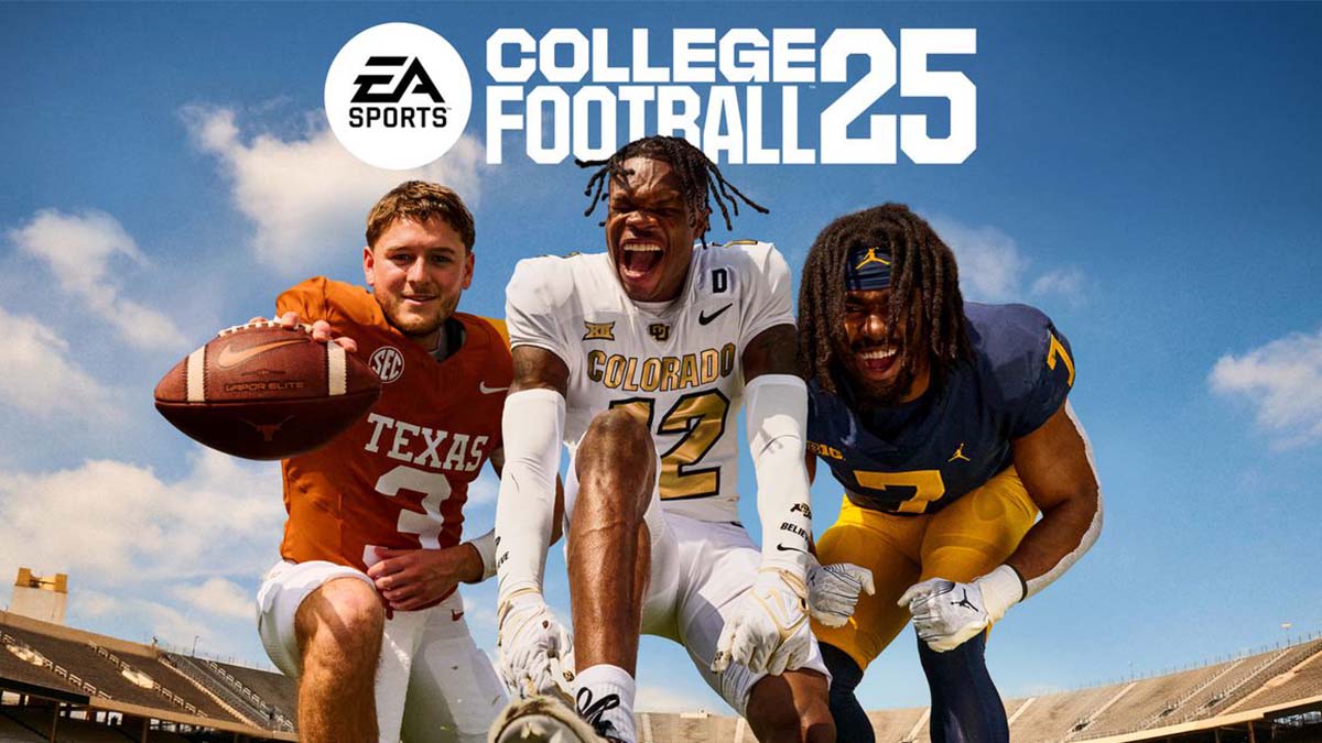 College Football 25's cover art featuring Donovan Edwards, Quinn Ewers, and Travis Hunter