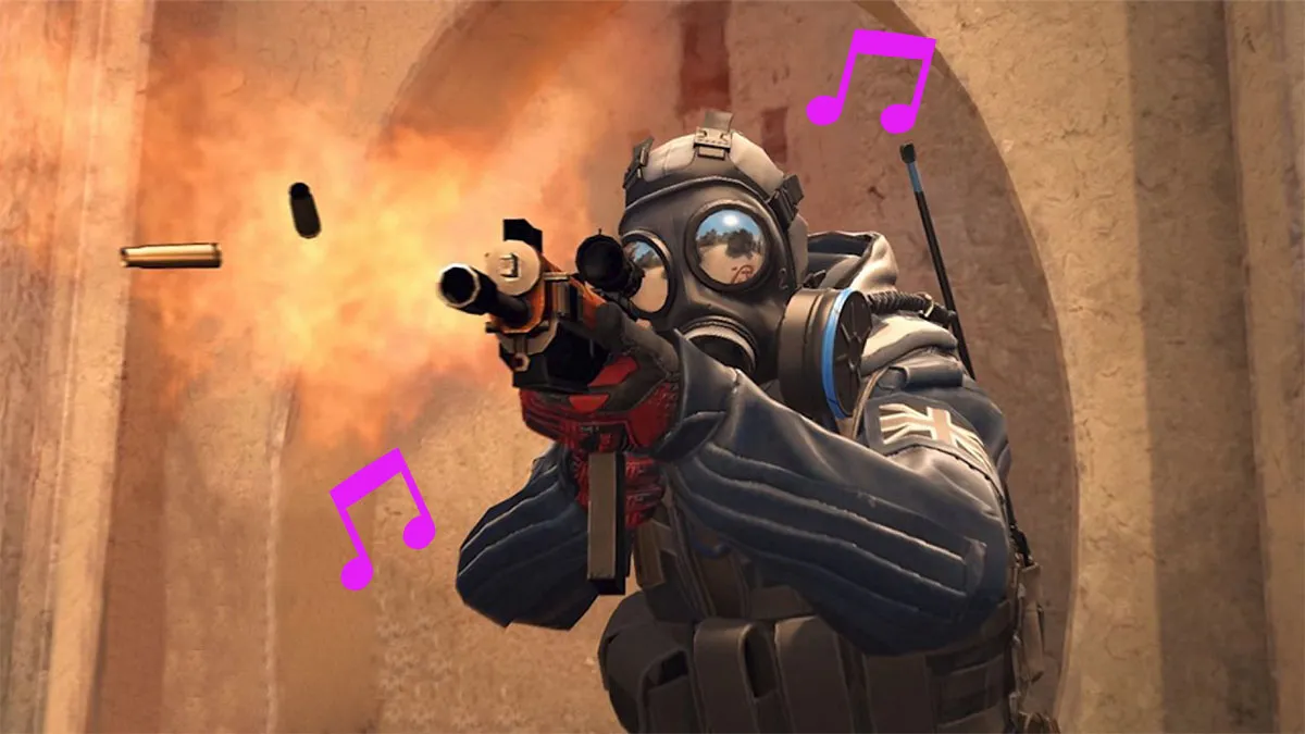 A CS2 player firing their weapon, with music notes around them.
