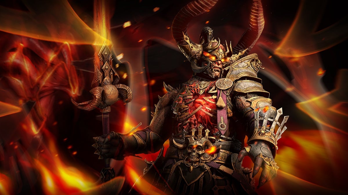 Diablo 4 season 4 character in demon armor surrounded by flames