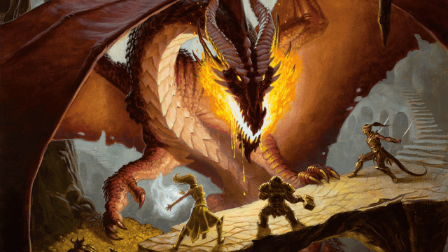A party fighting a dragon in Dungeons and Dragons.