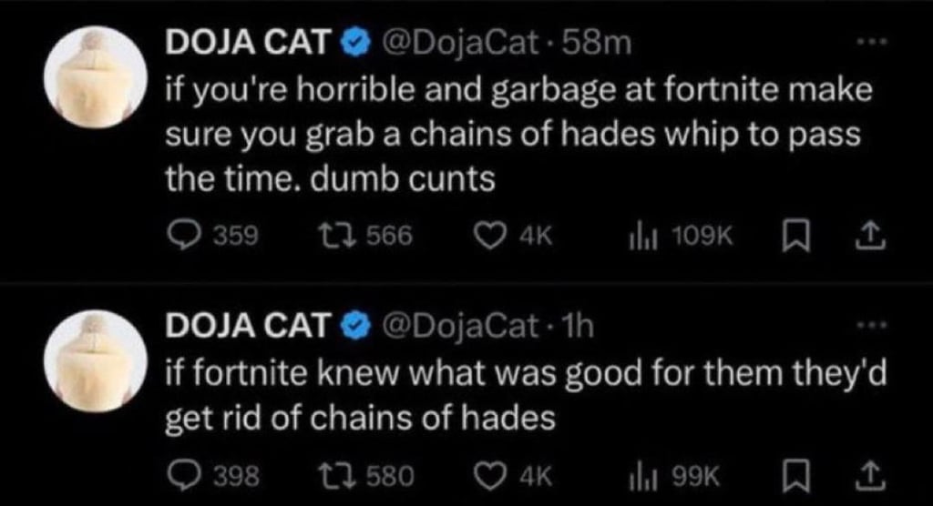 Doja cat tweets, calling Fortnite players who use the Chains of Hades "horrible, garbage, and dumb."