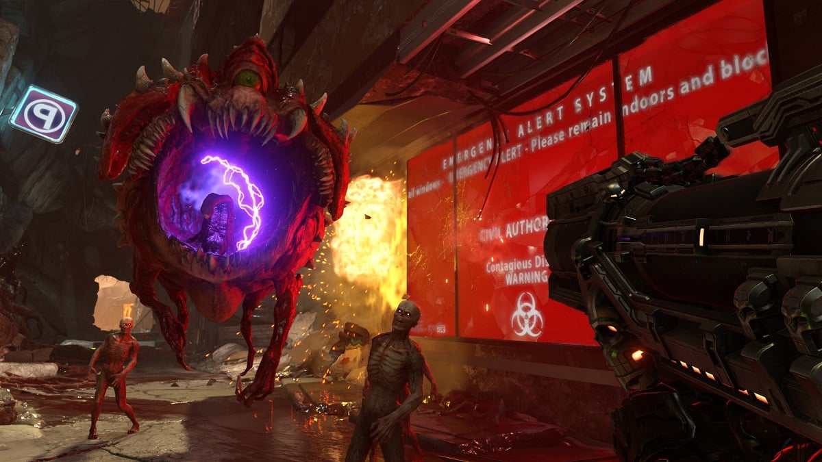 Doom Eternal: the player about to attacked by a Cacodemon.