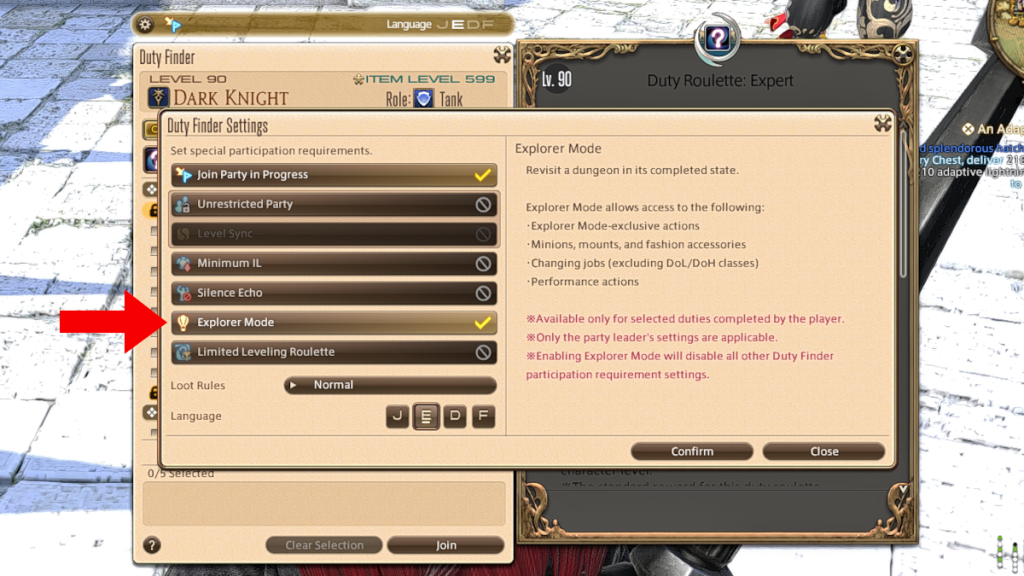 Explorer Mode information in the Duty Finder menu in Final Fantasy XIV