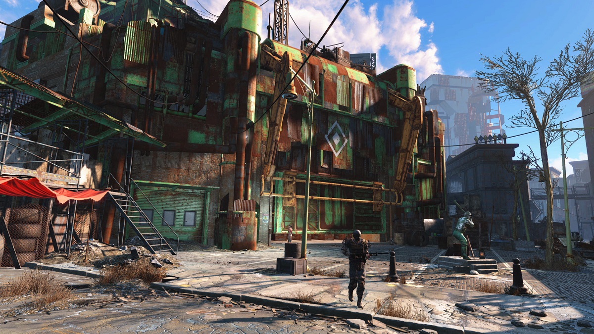 Fallout 4: a security guard stands outsid ethe entrance to Diamond City.