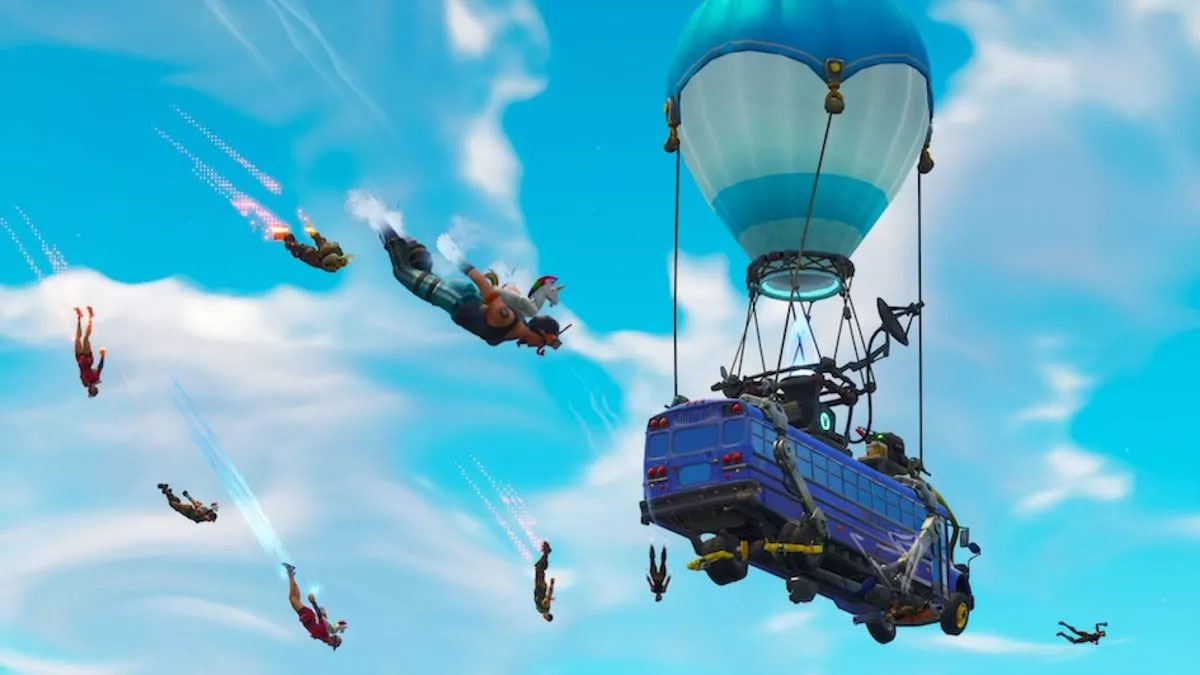 Fortnite's Battle Bus flying in the sky with players dropping in.