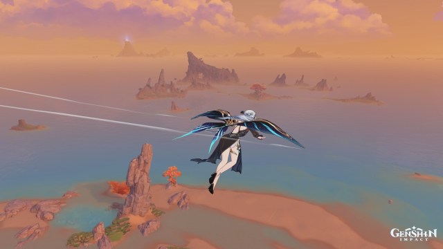 Genshin Impact character gliding over desert