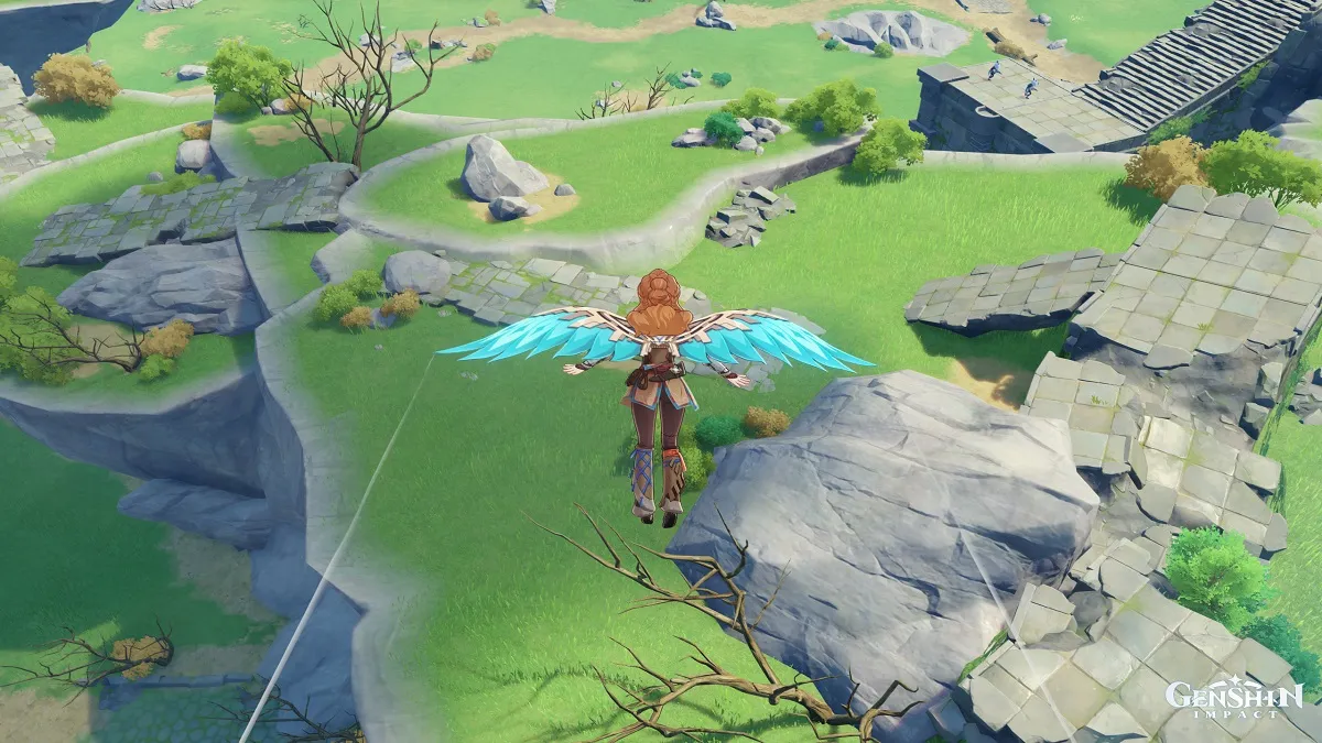 Genshin Impact Aloy gliding with wings wind glider