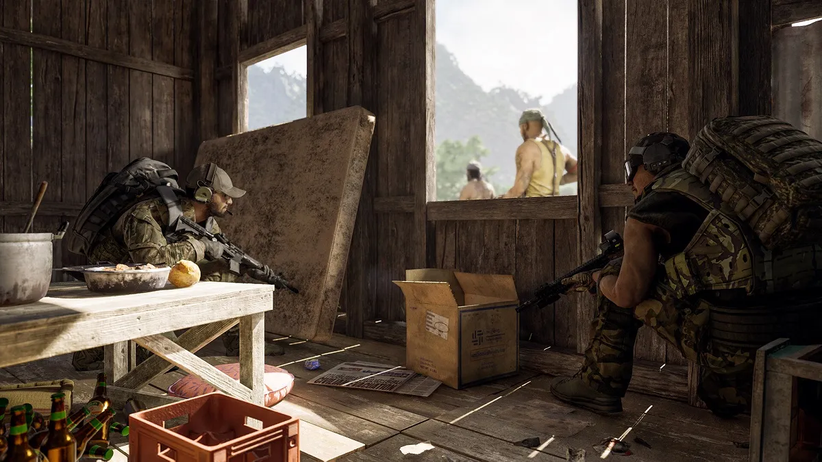 Gray Zone Warfare: soldiers hiding in shack from people walking by a window.