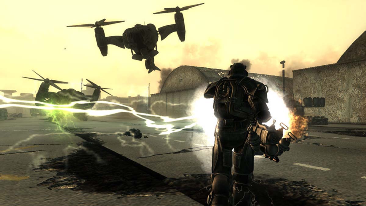 A Power Armor player firing a minigun at helicopters.