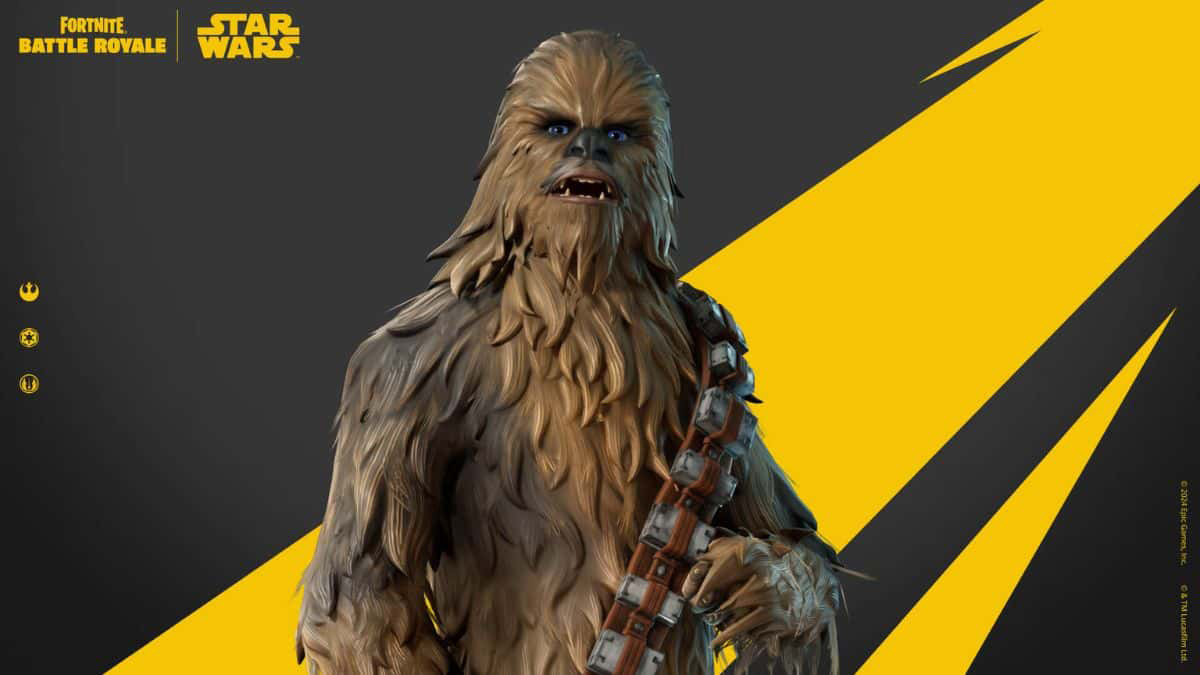 Chewbacca's Fortnite skin against a grey and yellow background.