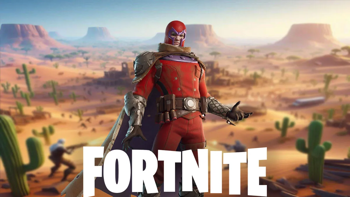 Magneto, standing in front of a desert, with a Fortnite logo in front of him