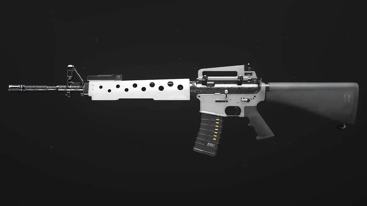 An M16 with a white barrel against a black background.