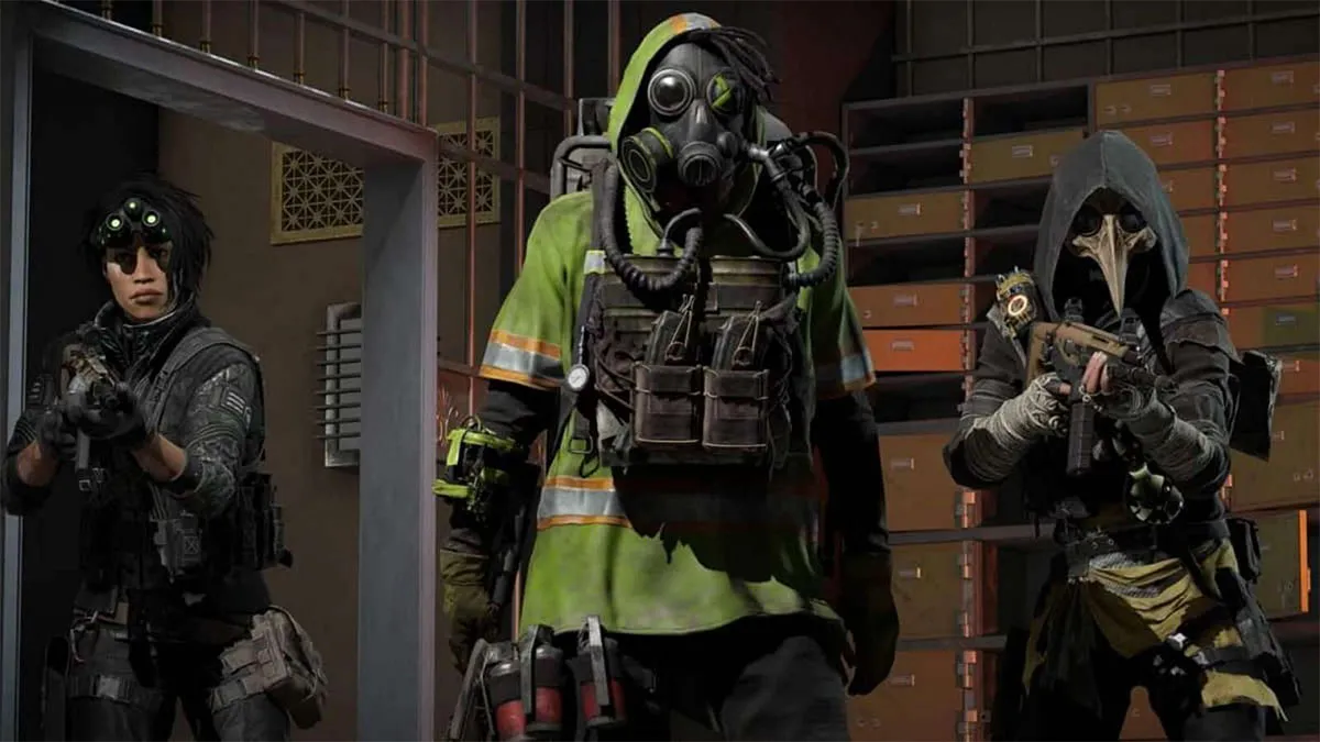 Three XDefiant characters standing hold guns.