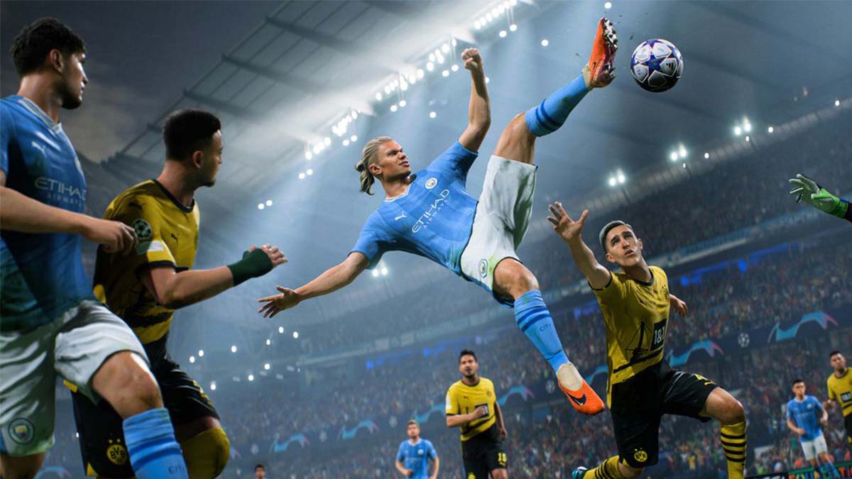 Erling Haaland in a Man City kit stretching to a ball against Borussia Dortmund.