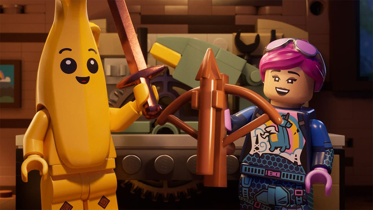 LEGO Fortnite characters holding a sword and a bow.