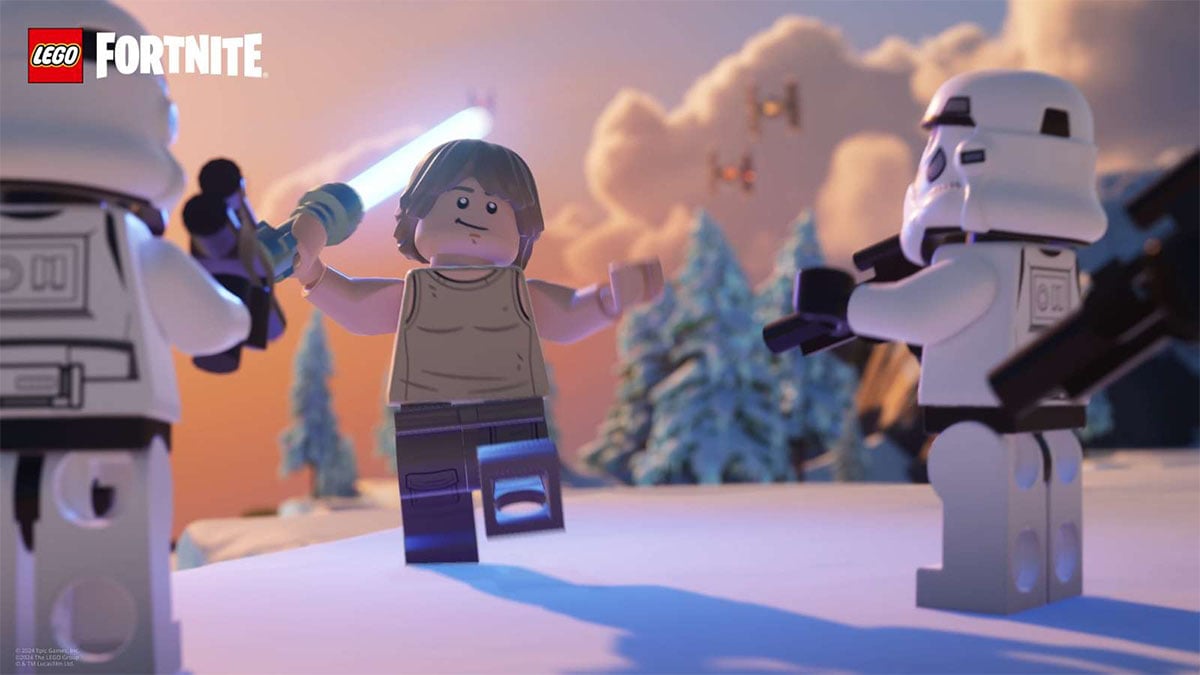 LEGO Fortnite Luke Skywalker holding a blue lightsaber in front of Stormtroopers