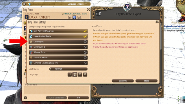 Level Sync information in the Duty Finer menu in Final Fantasy XIV
