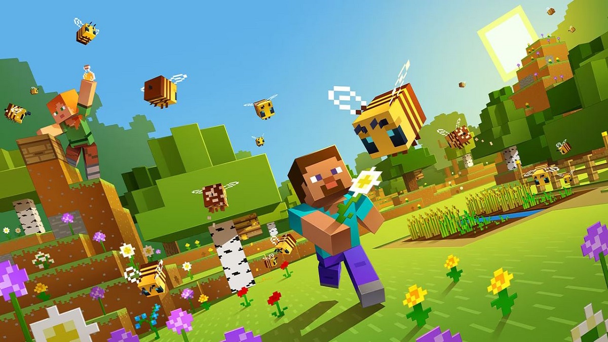 Minecraft: Steve running through a field with bees flying about the place.