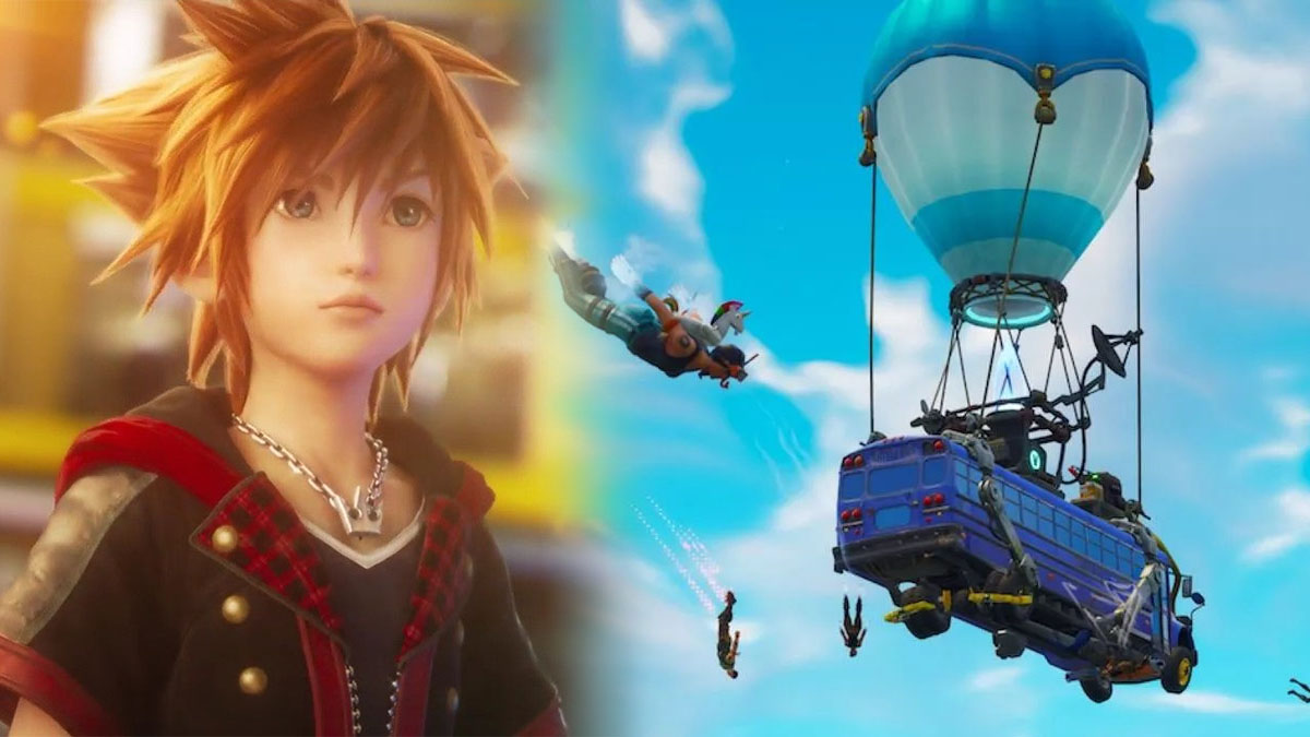 Sora looking to the right, with a Fortnite battle bus in the sky
