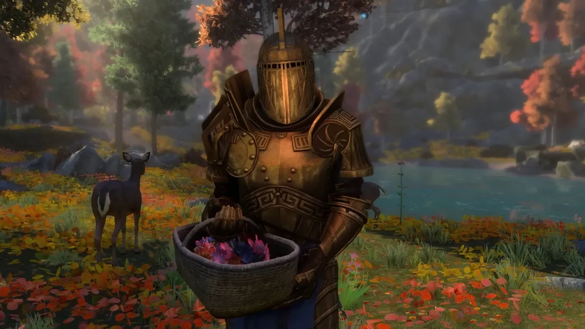 Skyblivion: an Oblivion soldier in gold armor holds a basket of flowers by a peaceful river.