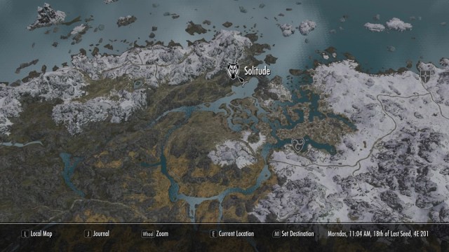 Skyrim: eine detaillierte Version der Karte des Spiels, wobei der Cursor über Solitude schwebt.