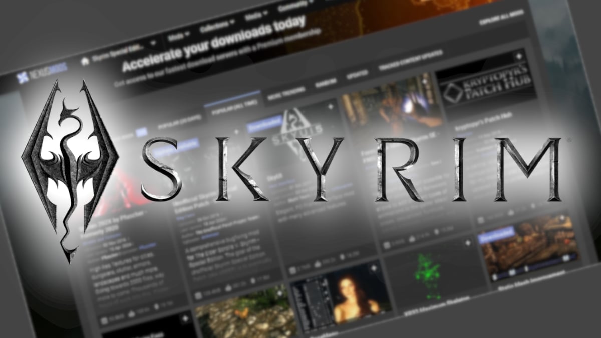 A glowing Skyrim logo with a blurry screenshot from Nexus Mods in the background.