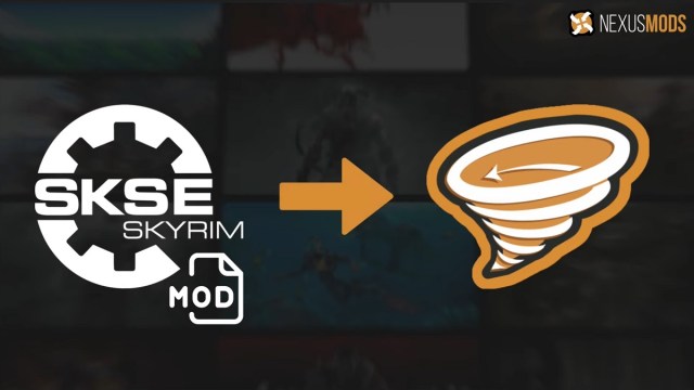 Skyrim Script Extender: das SKSE-Logo neben einem orangefarbenen Pfeil, der auf das Vortex-Logo zeigt.