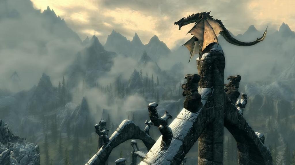  a dragon roars across the land while atop some ruins.