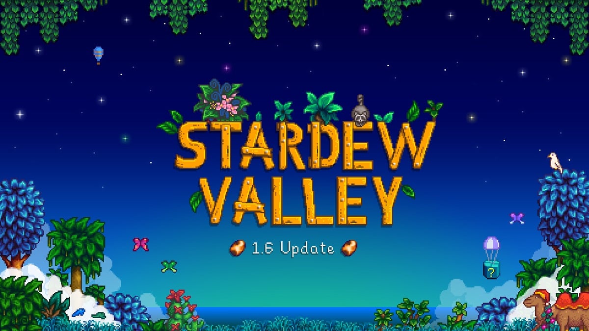Stardew Valley logo with a darkening sky behind it and the tops of some trees.