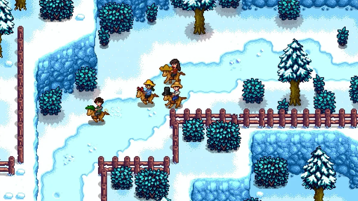 Stardew Valley: characters ride horses across a snowy path