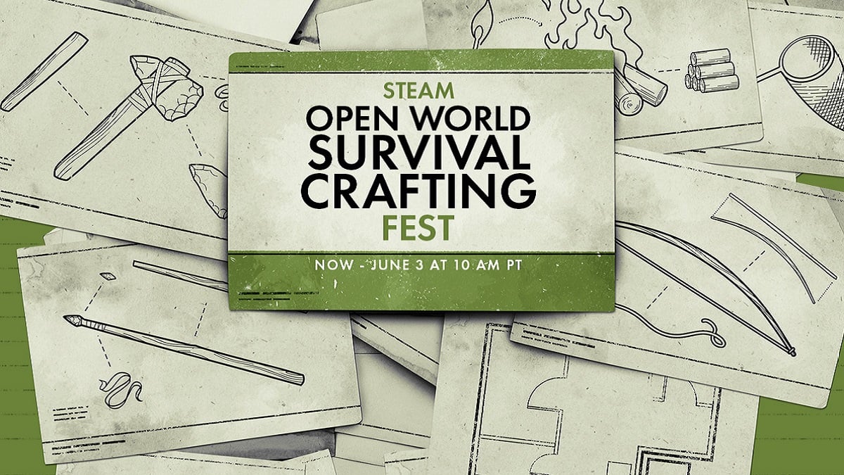 Steam Open World Survival Crafting Fest logo on a green and white card.