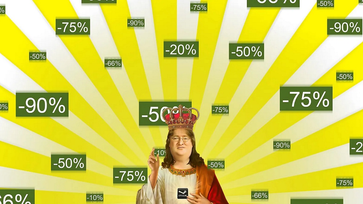 Steam Summer Sale: Valve's Gabe Newell looking regal as lots of Steam prices float around him.