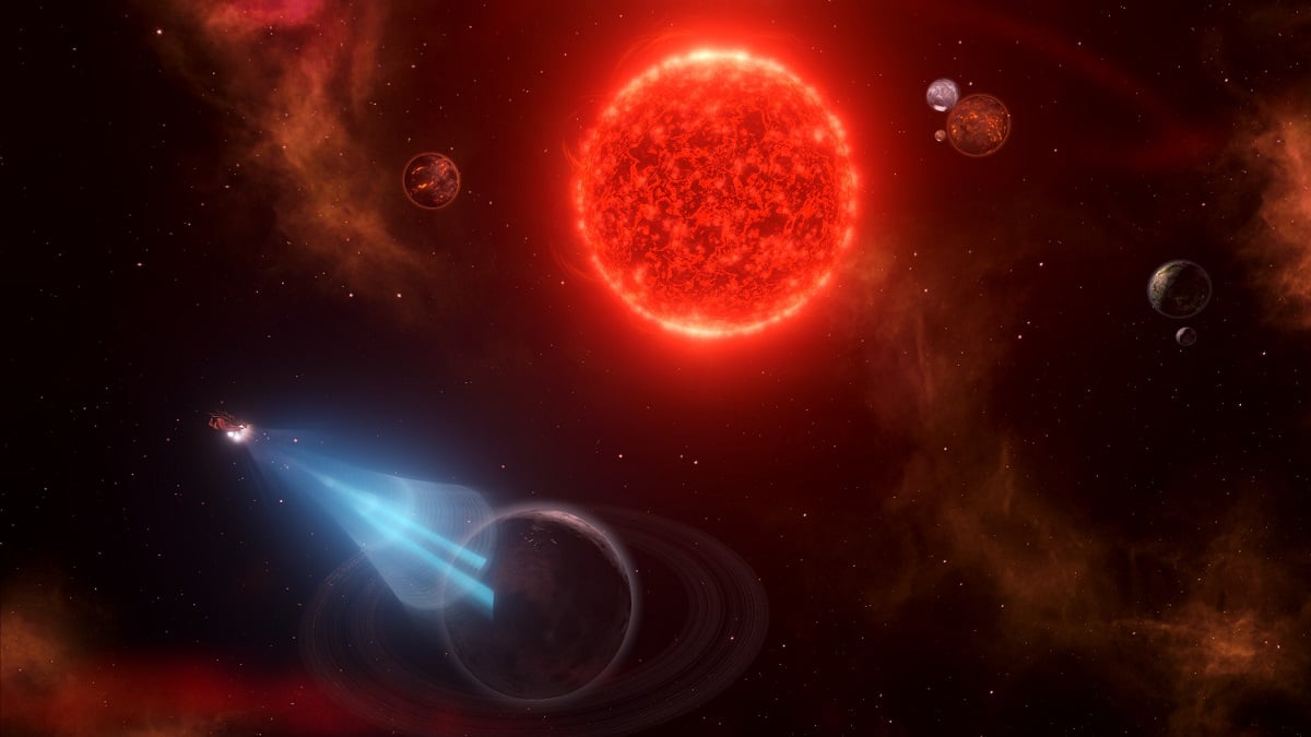 Stellaris: a hot, red sun in space with a small spaceship nearby.