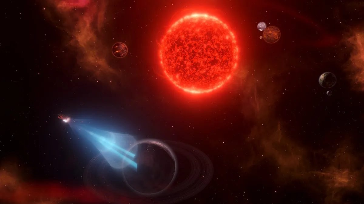 Stellaris: a hot, red sun in space with a small spaceship nearby.