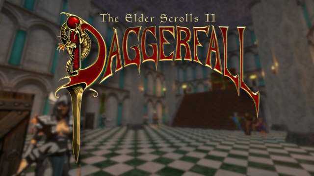 das Elder Scrolls: Daggerfall-Logo mit dem Inneren einer Burg dahinter und einem Ritter, der in der Nähe Wache steht.