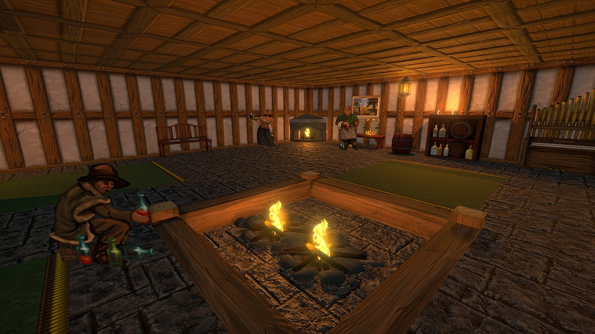 Elder Scrolls 2 - Daggerfall: The inside of a tavern with a cozy fire nearby.