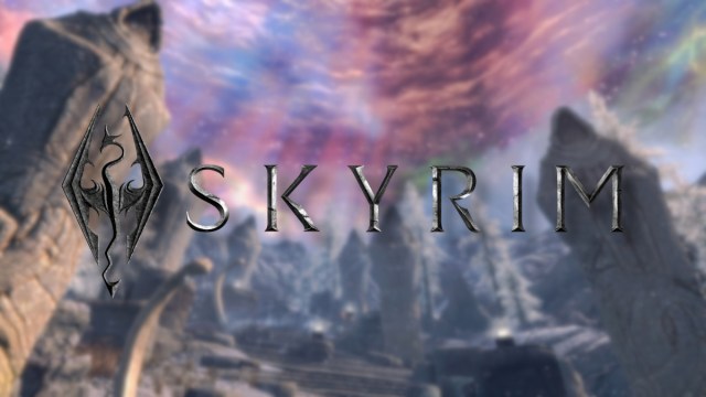 The Elder Scrolls 5: Skyrim-Logo mit dem violetten und blauen Himmel von Sovngarde im Hintergrund.
