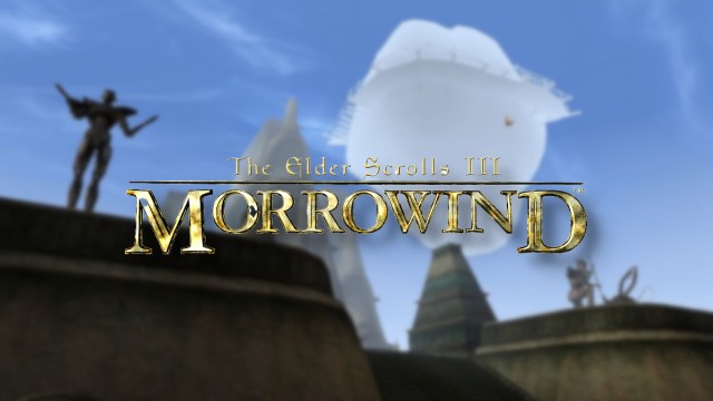 The Elder Scrolls 3: Morrowind-Logo mit der Stadt Vivec dahinter und der Statue von Vivec auf dem Dach eines Gebäudes.