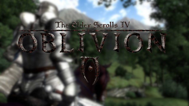 The Elder Scrolls 4: Oblivion-Logo mit einem Ritter dahinter, der auf einem Pferd reitet.