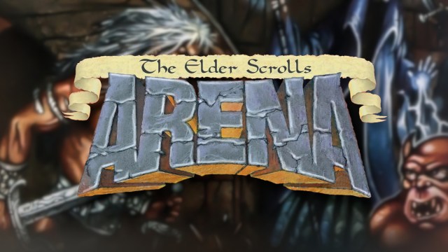 The Elder Scrolls: Arena-Logo mit dem Bild eines mächtigen Kriegers, der im Begriff ist, gegen einen Kobold und einen Hexenmeister zu kämpfen.