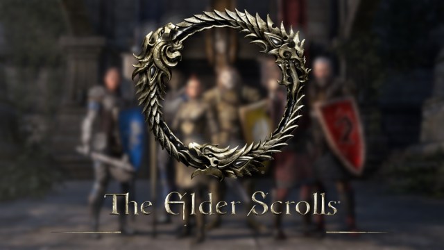 Das Logo von The Elder Scrolls Online mit einer Reihe von Fantasy-Charakteren, die dahinter posieren.