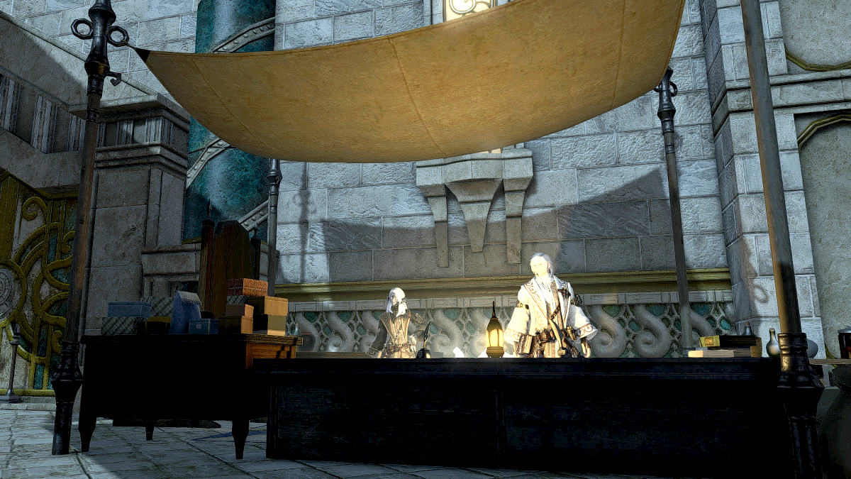 Ulan in her booth in Idyllshire in Final Fantasy XIV