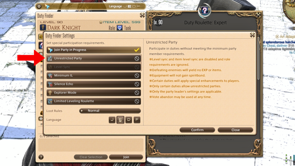 Unrestricted Party information in the Duty Finder menu in Final Fantasy XIV