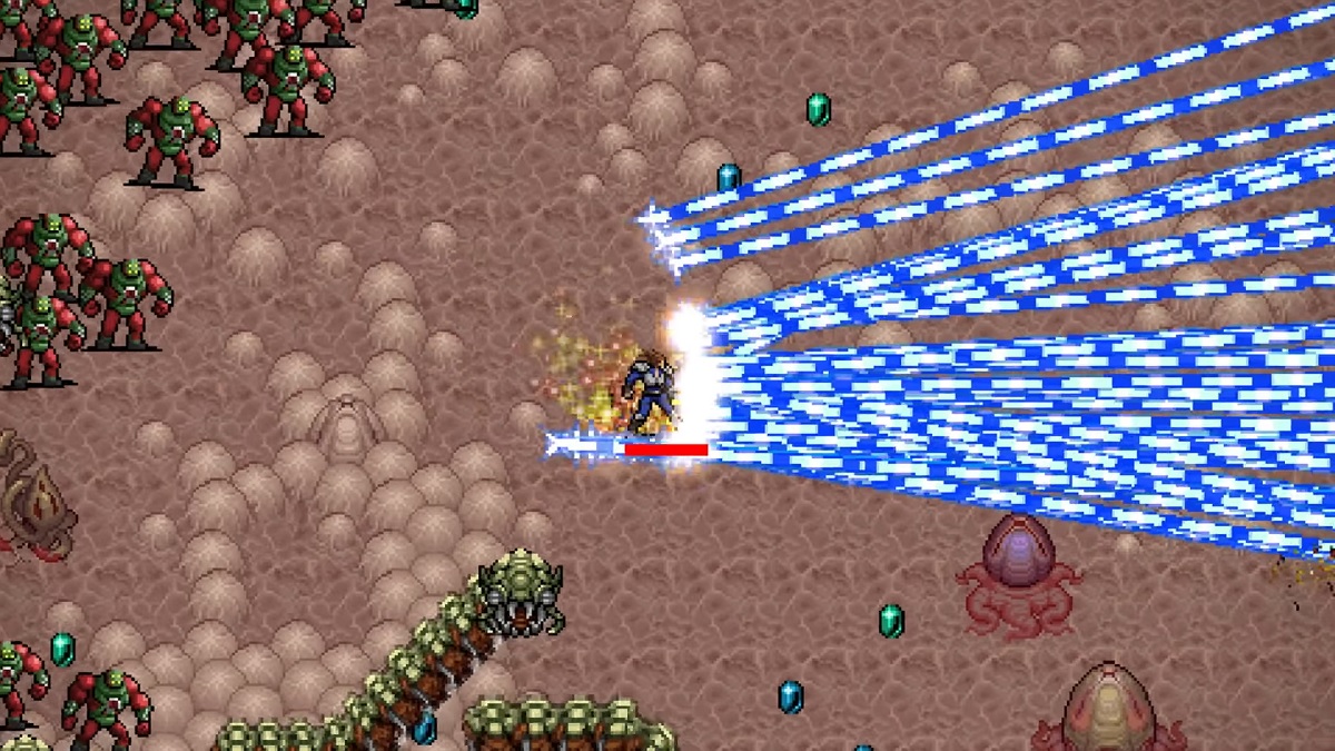 Vampire Survivors: the player shoots out lots of blue lasers as enemies approach from behind.