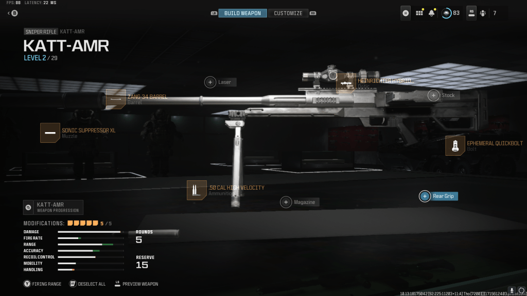 The KATT-AMR Sniper Rifle in Warzone's attachment selection screen.