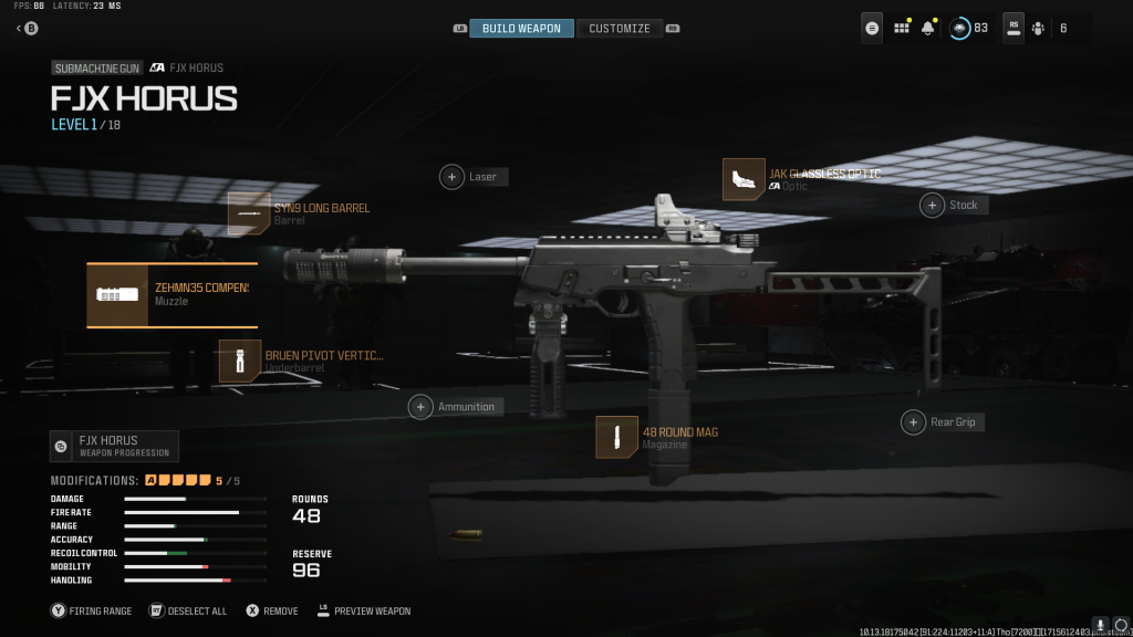 The FJX Horus in the Warzone weapon creator menu.