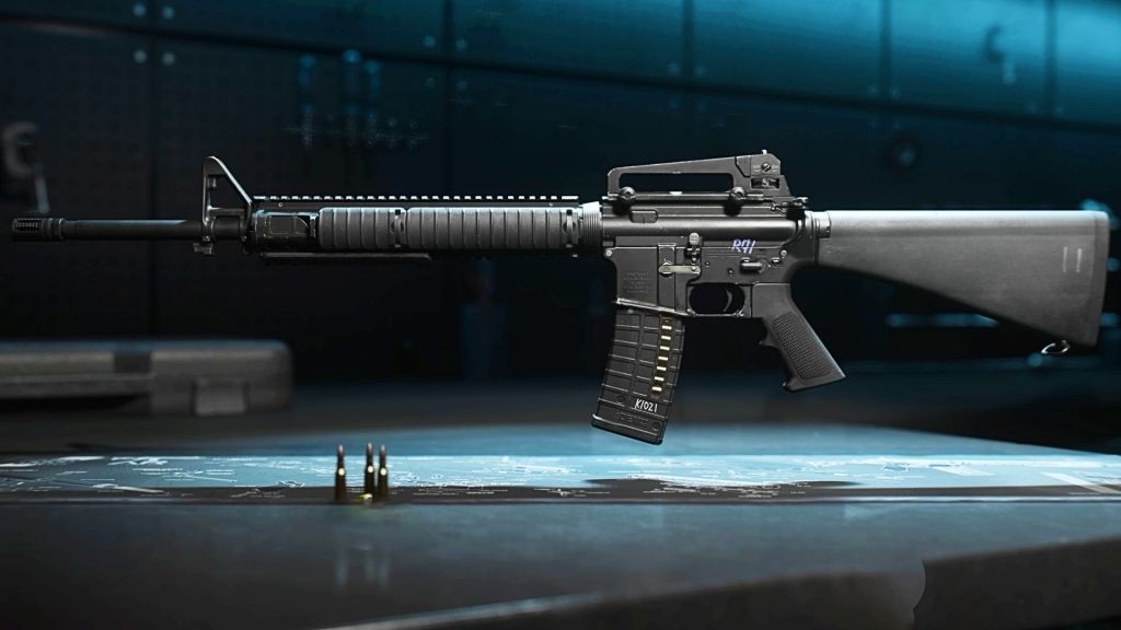 Warzone's M16 against a blue background. 