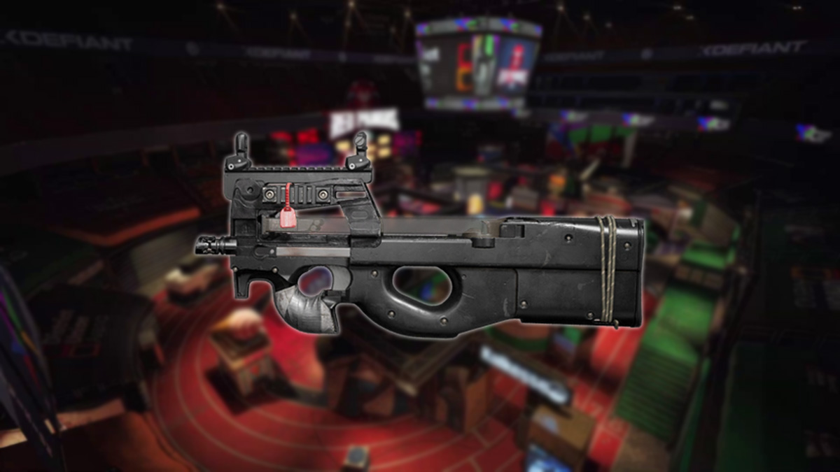 The P90 in front of a blurred out image of XDefiant's Stadium map.