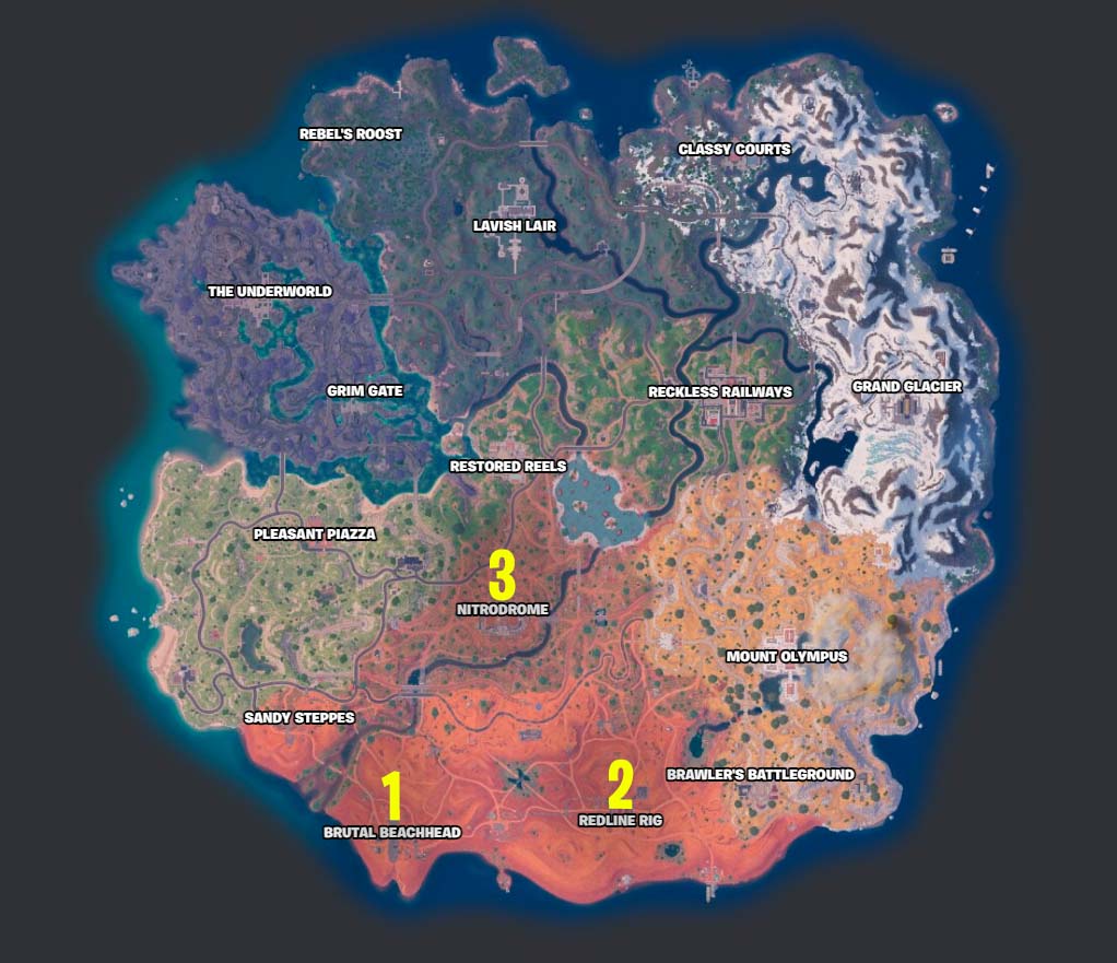 A map showing three locations marked with yellow letters.