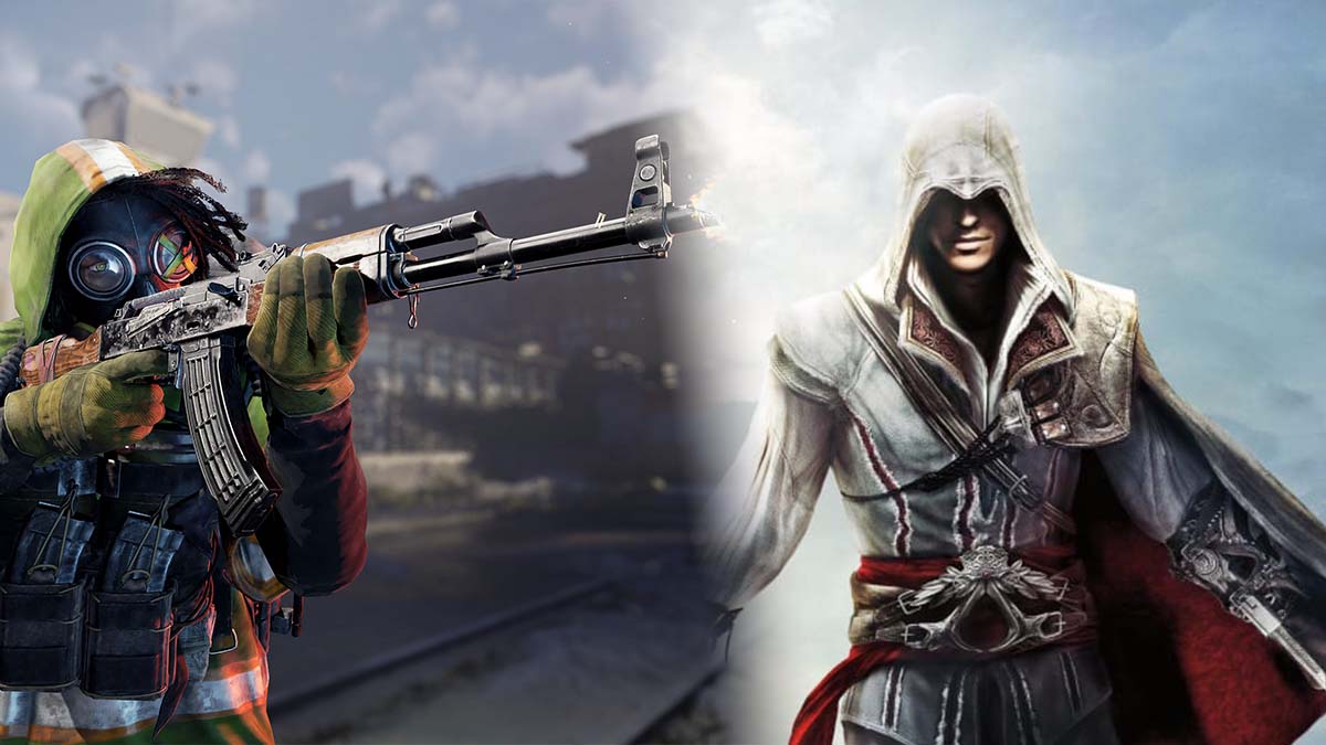 XDefiant player shooting a gun beside Ezio from Assassin's Creed